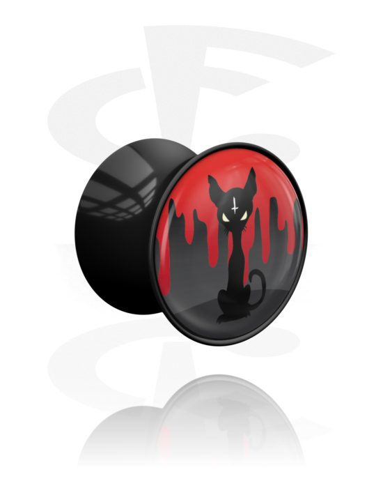 Tunely & plugy, Plug s rozšířenými konci (akryl, černá) s designem kočka, Akryl