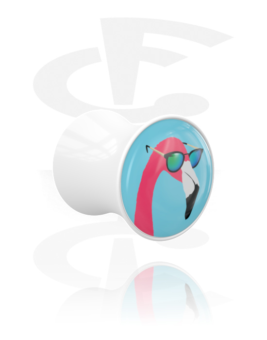 Tunnel & Plugs, Double Flared Plug (Acryl, weiß) mit Flamingo-Design, Acryl