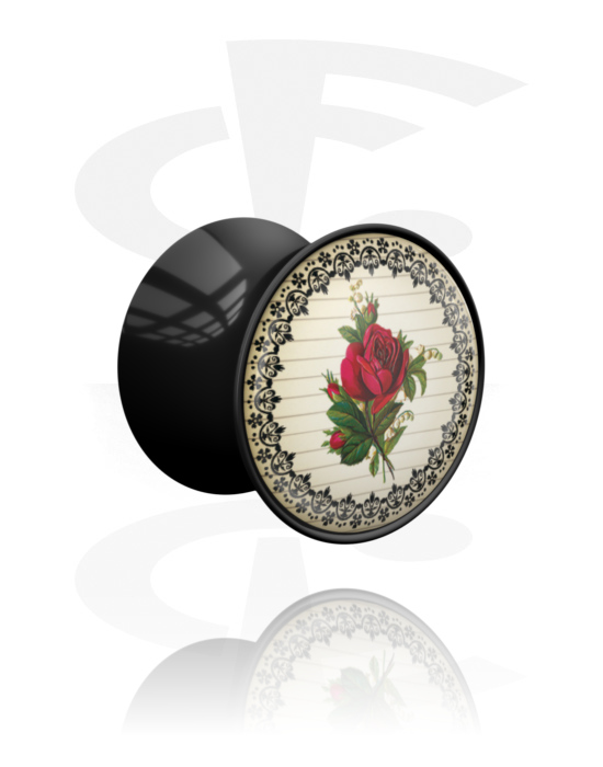 Tunely & plugy, Plug s rozšířenými konci (akryl, černá) s designem růže, Akryl