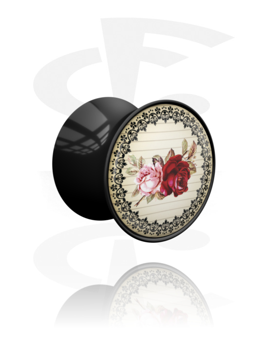 Tunnlar & Pluggar, Double flared plug (acrylic, black) med blommigt vintage motiv, Akryl