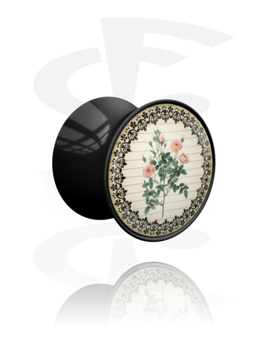 Alagutak és dugók, Double flared plug (acrylic, black) val vel Vintage virág dizájn, Akril