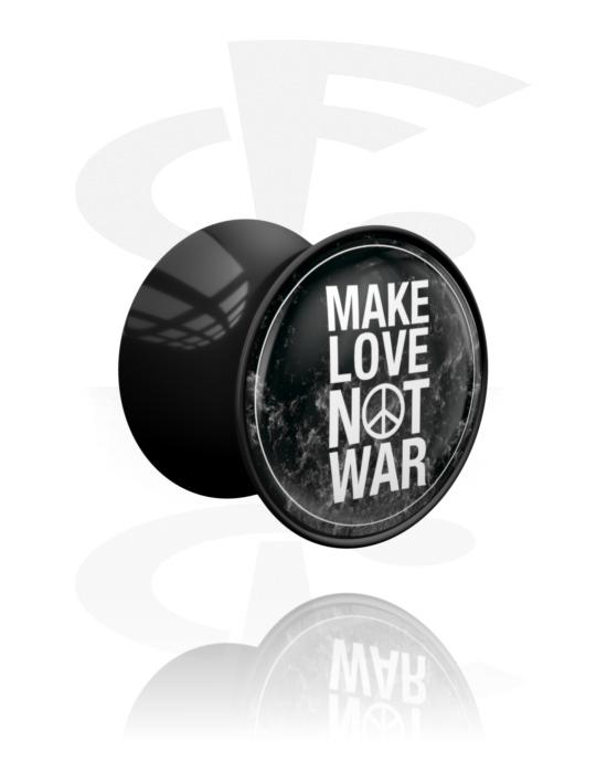 Tunely & plugy, Plug s rozšírenými koncami (akryl, čierna) s nápisom „Make love not war“, Akryl