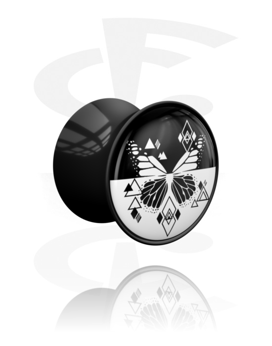 Tunnels & Plugs, Double flared plug (acrylic, black) with geometric design with butterfly, Acrylic