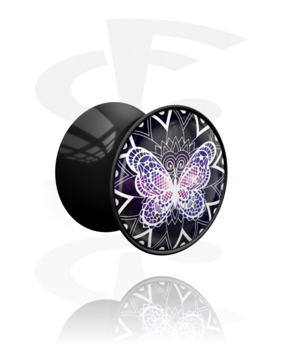 Tunnels & Plugs, Double flared plug (acrylic, black) with butterfly design, Acrylic
