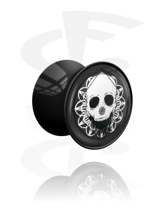 Tunneler & plugger, Dobbeltformet plugg (akryl, svart) med hodeskalledesign, Akryl
