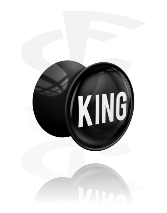 Tunnels & Plugs, Double flared plug (acrylic, black) with "KING" lettering, Acrylic