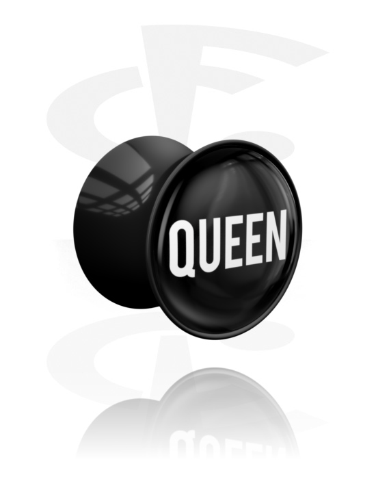 Tunely & plugy, Plug s rozšířenými konci (akryl, černá) s nápisem „Queen“, Akryl