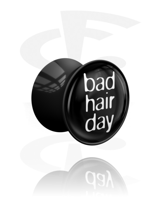 Tunely & plugy, Plug s rozšírenými koncami (akryl, čierna) s nápisom „bad hair day“, Akryl