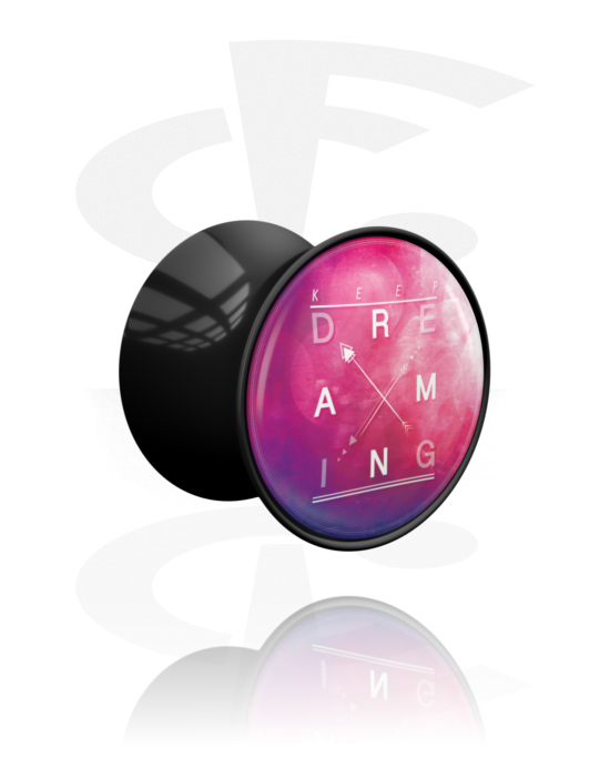 Tunnels & Plugs, Double flared plug (acrylic, black) with "Dreaming" lettering, Acrylic