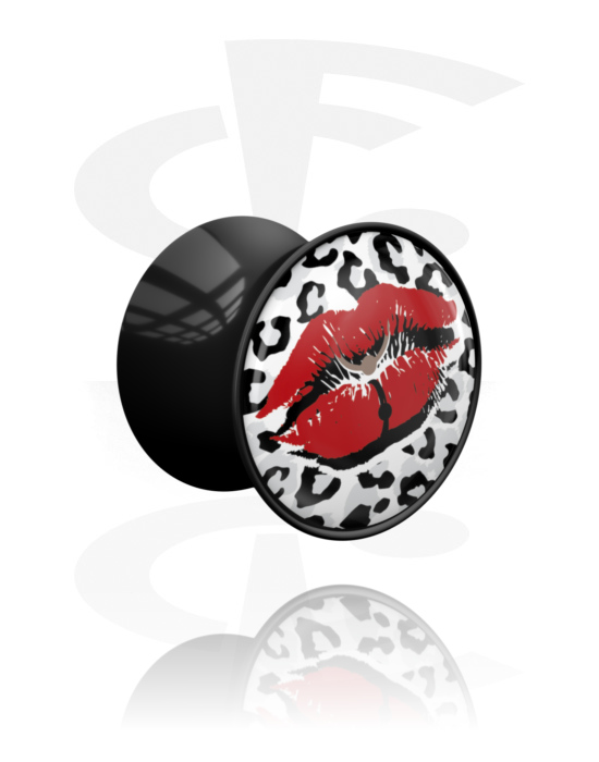 Túneles & plugs, Plug Double Flared (acrílico, negro) con diseño de labios rojos, Acrílico