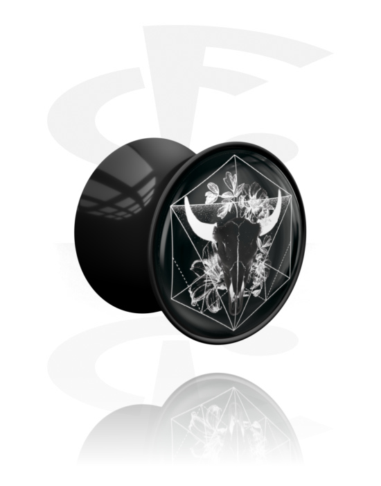 Tunnels & Plugs, Double flared plug (acrylic, black) with ram skull design, Acrylic
