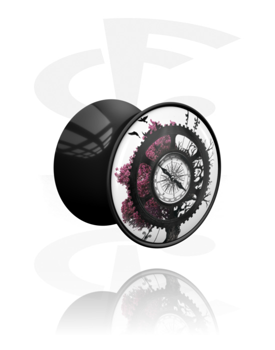 Tunnels & Plugs, Plug double flared (acrylique, noir) avec motif steampunk, Acrylique