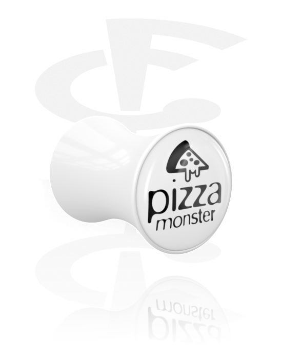 Tunnels & Plugs, Double flared plug (acrylic, white) with "pizza monster" lettering, Acrylic