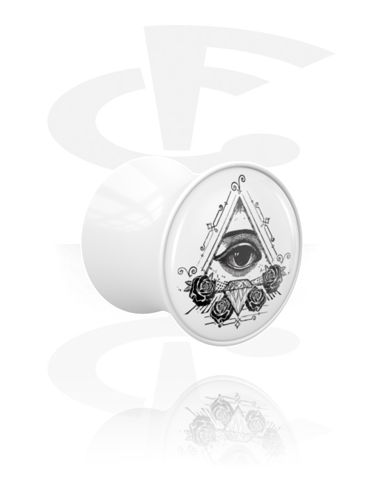 Tunnlar & Pluggar, Double flared plug (acrylic, white) med "Eye of Providence" design, Akryl