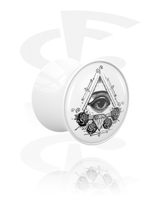 Tunnel & Plug, Double flared plug (acrilico bianco) con design "occhio della provvidenza", Acrilico
