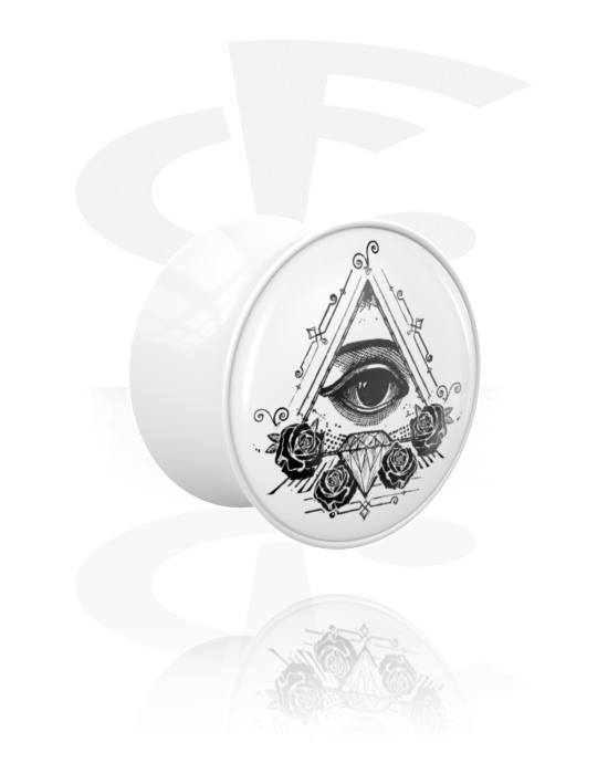 Tunely & plugy, Plug s rozšírenými koncami (akryl, biela) s dizajnom „Božie oko“, Akryl