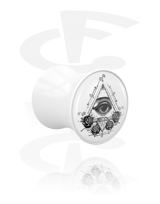 Tunely & plugy, Plug s rozšířenými konci (akryl, bílá) s Designem „Boží oko“, Akryl