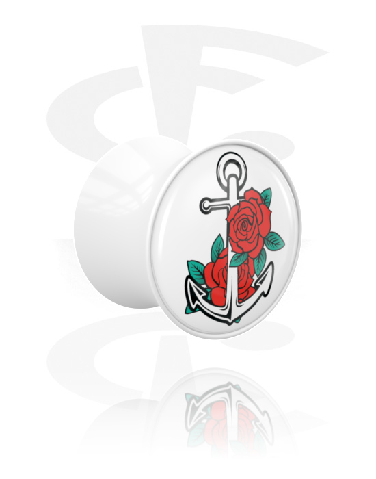 Tunnels & Plugs, Double flared plug (acrylic, white) with anchor design, Acrylic