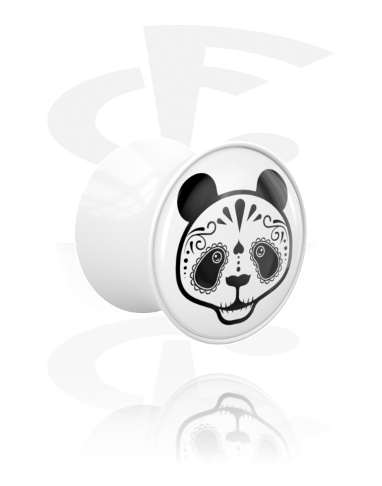 Tunely & plugy, Plug s rozšírenými koncami (akryl, biela) s motívom „roztomilý panda“, Akryl