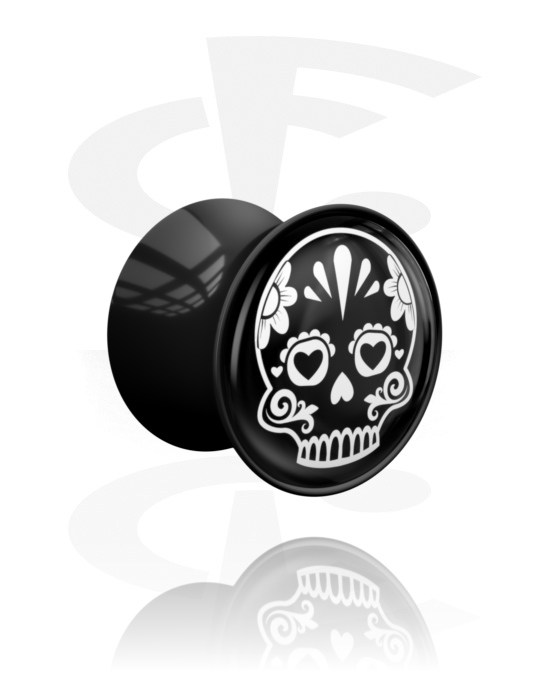 Tunnels & Plugs, Double flared plug (acryl, zwart) met zwart en wit schedel uit suiker ‘Dia de Los Muertos’-motief, Acryl