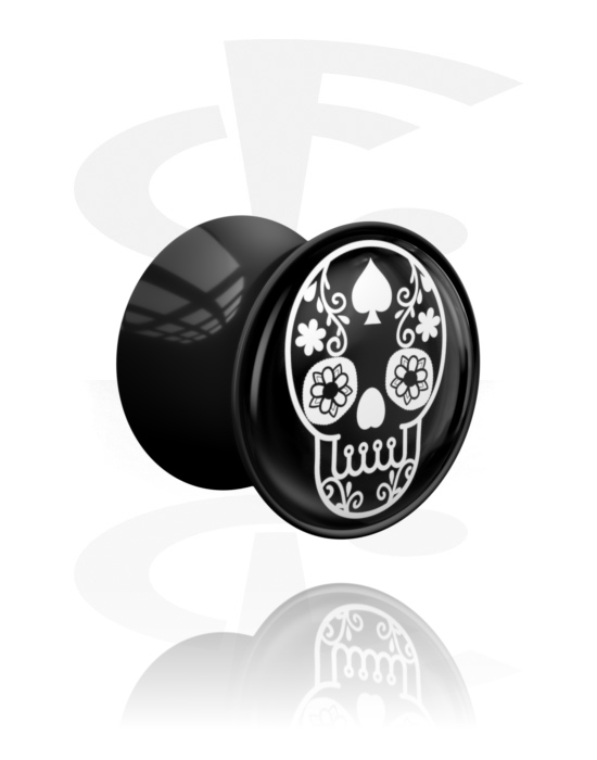 Alagutak és dugók, Double flared plug (acrylic, black) val vel black and white sugar skull "Dia de Los Muertos" design , Akril