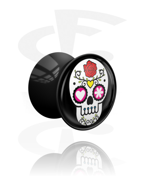 Tunnels & Plugs, Double flared plug (acryl, zwart) met kleurrijke schedel uit suiker ‘Dia de Los Muertos’-motief, Acryl
