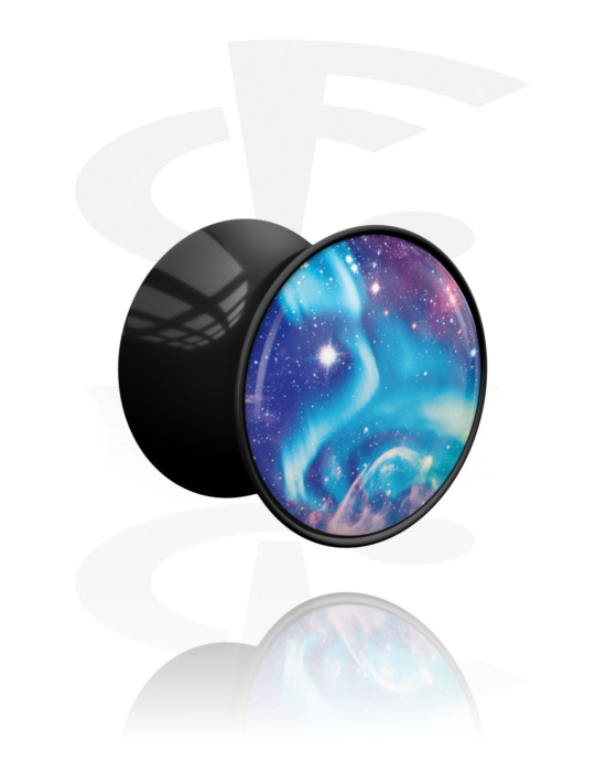 Tunneler & plugger, Dobbeltformet plugg (akryl, svart) med galaksedesign, Akryl