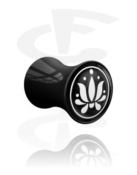 Tunnels & Plugs, Double flared plug (acrylic, black) with motif "lotus flower", Acrylic