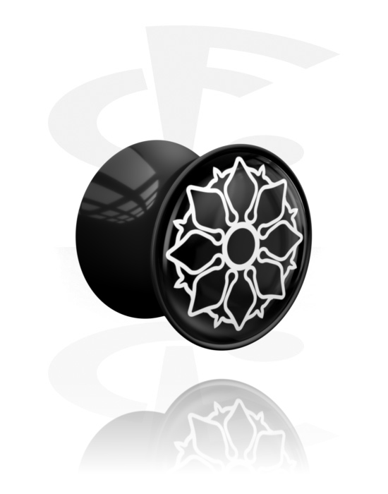 Tunely & plugy, Plug s rozšírenými koncami (akryl, čierna) s čiernobielym dizajnom, Akryl