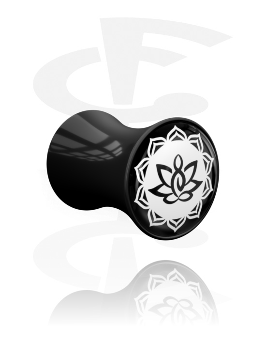 Tunneler & plugger, Dobbeltformet plugg (akryl, svart) med motiv "lotusblomst", Akryl