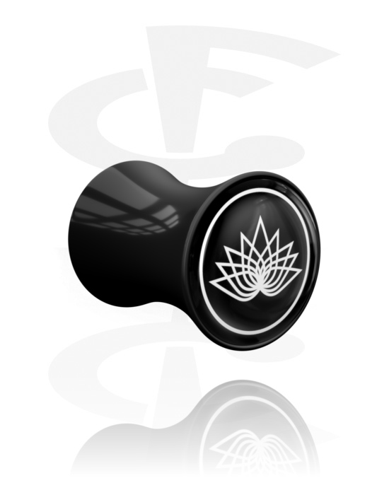 Tunnlar & Pluggar, Double flared plug (acrylic, black) med motif "lotus flower", Akryl
