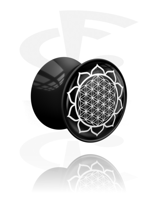 Tunnels & Plugs, Double flared plug (acrylic, black) with mandala design, Acrylic