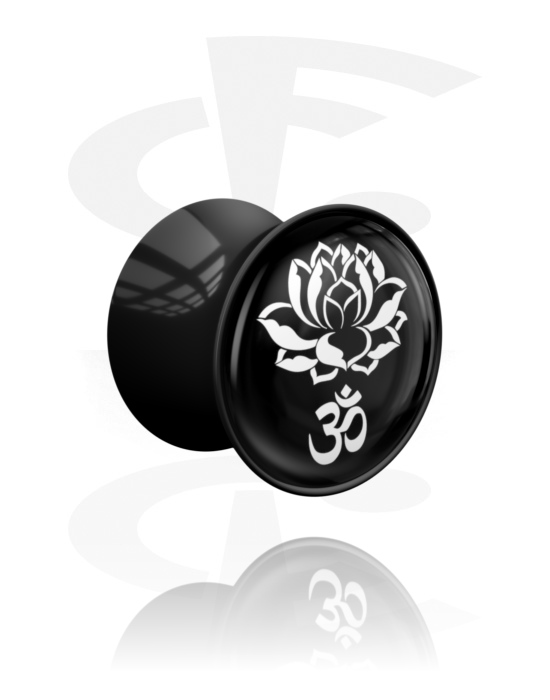 Tunnels & Plugs, Double flared plug (acrylic, black) with lotus flower design and "Om" sign, Acrylic