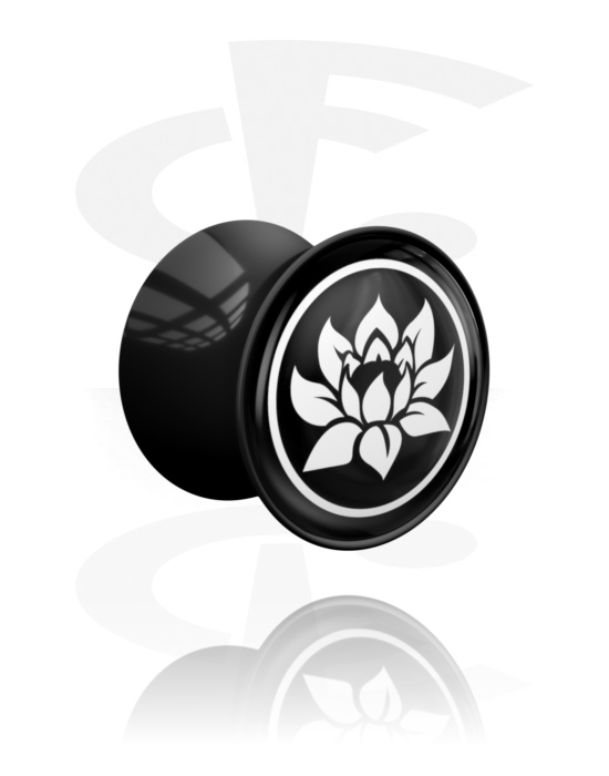 Tunely & plugy, Plug s rozšířenými konci (akryl, černá) s motivem „lotosový květ“, Akryl