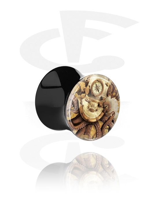 Tunnels & Plugs, Double Flared Plug with vintage steampunk design, Acrylic
