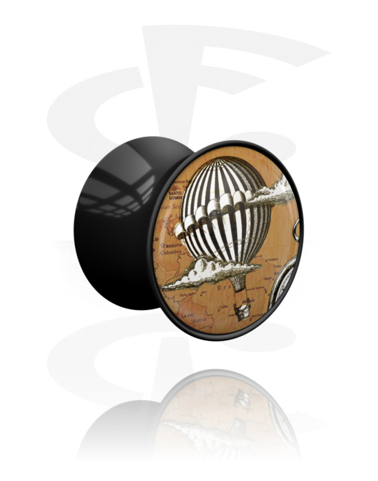 Tunely & plugy, Plug s rozšírenými koncami (akryl, čierna) s motívom „teplovzdušný balón“, Akryl
