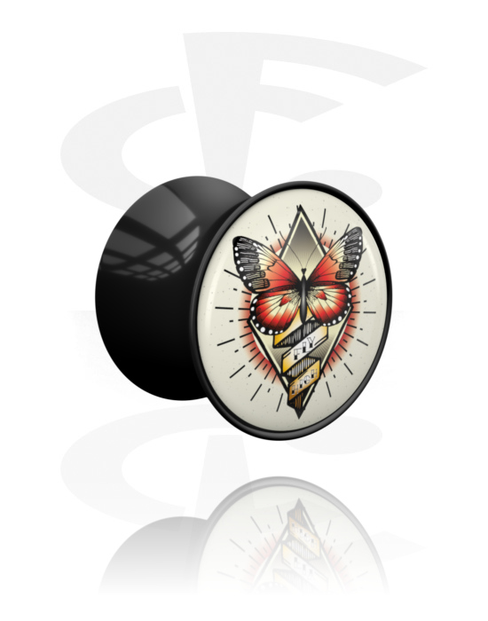Tunnels & Plugs, Double flared plug (acrylic, black) with butterfly design, Acrylic