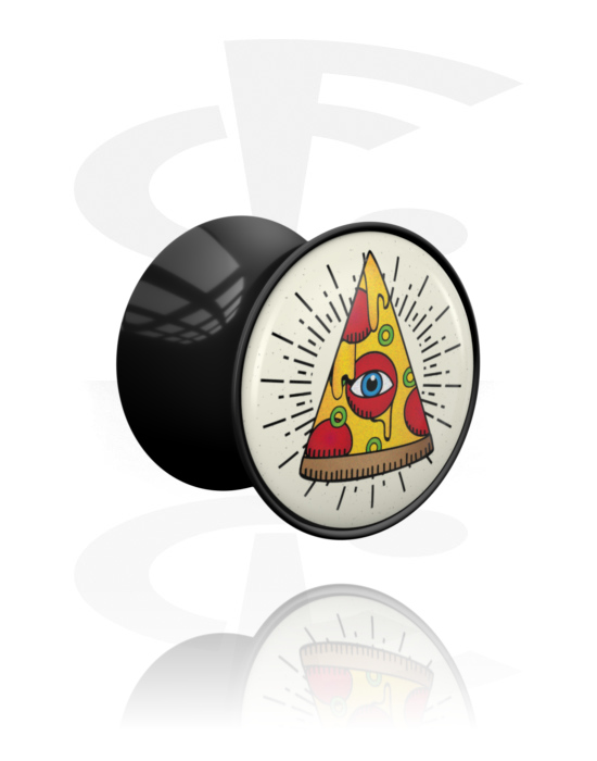 Tunneler & plugger, Dobbeltformet plugg (akryl, svart) med pizzamotiv, Akryl