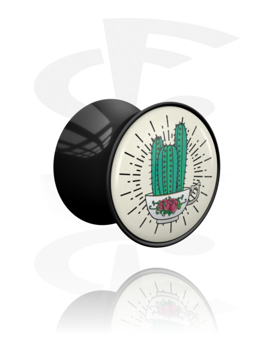 Tunnels & Plugs, Plug double flared (acrylique, noir) avec motif cactus, Acrylique