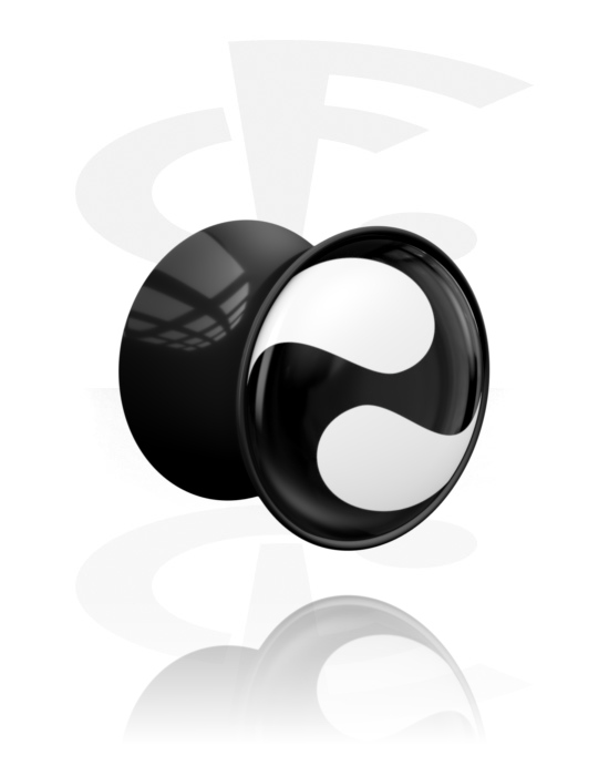 Tunely & plugy, Plug s rozšírenými koncami (akryl, čierna) s čiernobielym dizajnom, Akryl