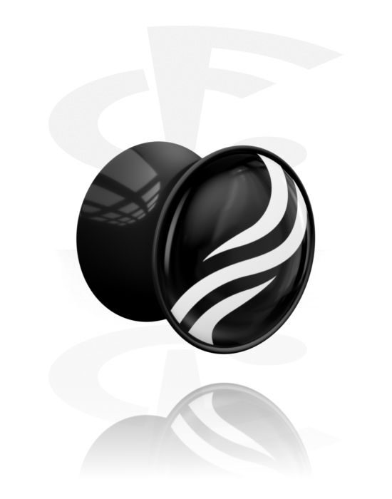 Tunely & plugy, Plug s rozšířenými konci (akryl, černá) s černobílým designem, Akryl