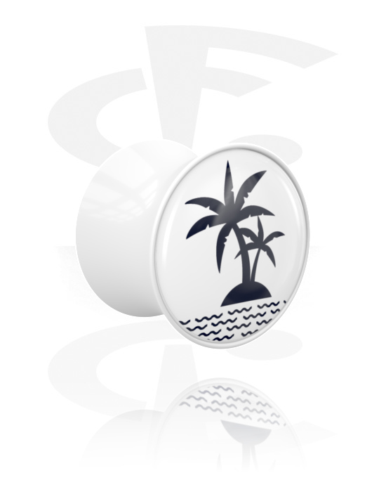 Tunnels & Plugs, Double flared plug (acrylic, white) with motif "palm trees", Acrylic