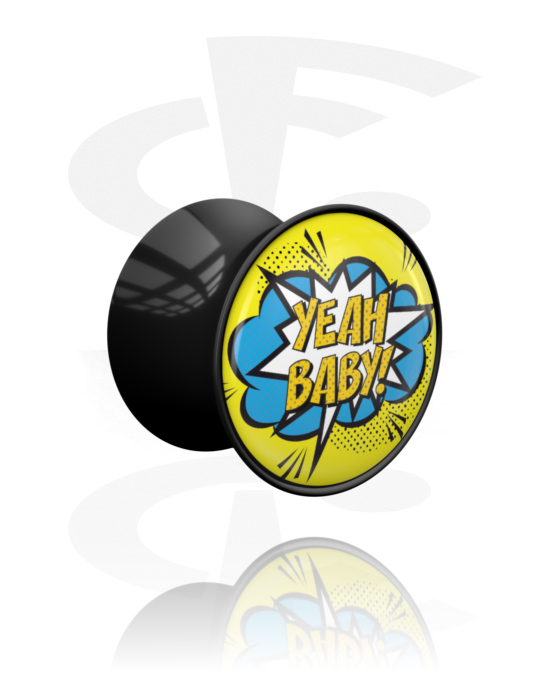 Tunnels & Plugs, Double flared plug (acrylic, black) with "Yeah baby" lettering, Acrylic