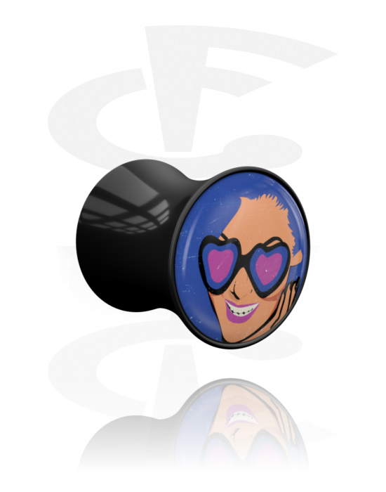 Tunely & plugy, Plug s rozšířenými konci (akryl, černá) s designem Komiks, Akryl