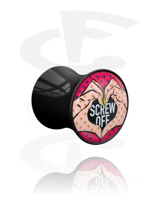 Tunnels & Plugs, Double flared plug (acrylic, black) with "Screw off" lettering, Acrylic