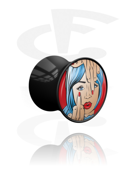 Tunely & plugy, Plug s rozšířenými konci (akryl, černá) s komiksovým designem „zlobivá žena“, Akryl