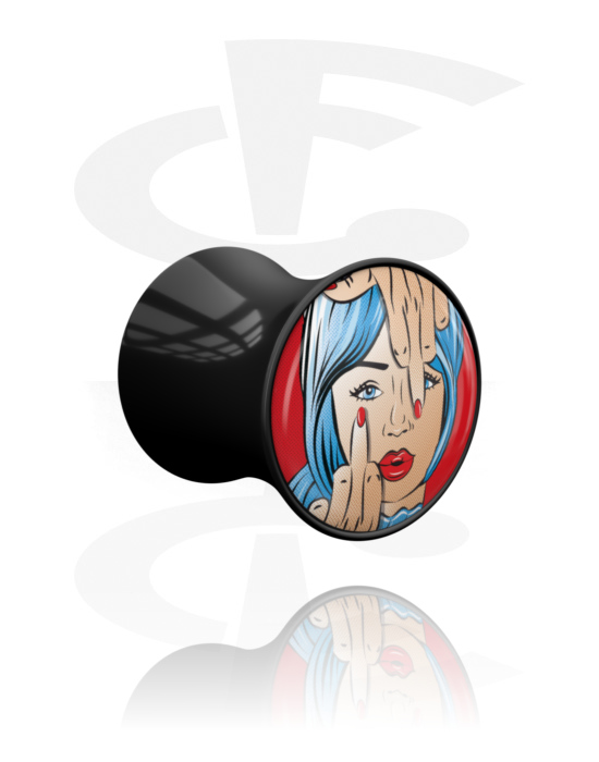 Tunnelit & plugit, Kaksinkertainen flared-plugi (akryyli, musta) kanssa sarjakuvadesign "tuhma nainen", Akryyli