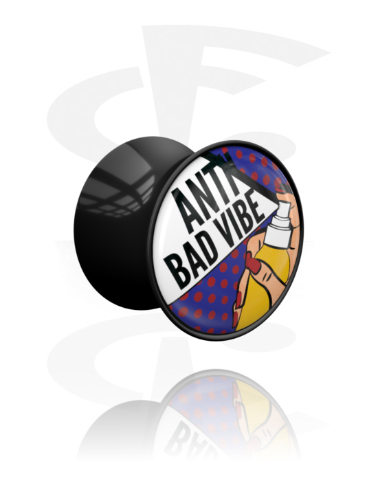 Tunely & plugy, Plug s rozšířenými konci (akryl, černá) s nápisem „Anti bad vibe“, Akryl