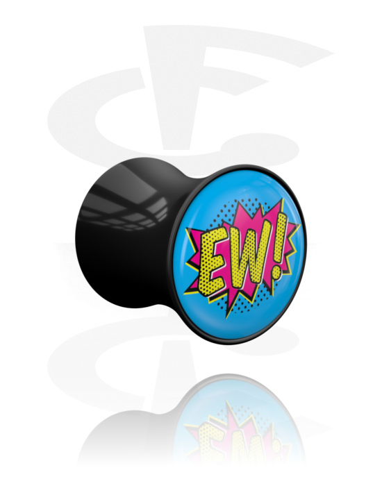 Tunnels & Plugs, Double flared plug (acrylic, black) with "Ew" lettering, Acrylic