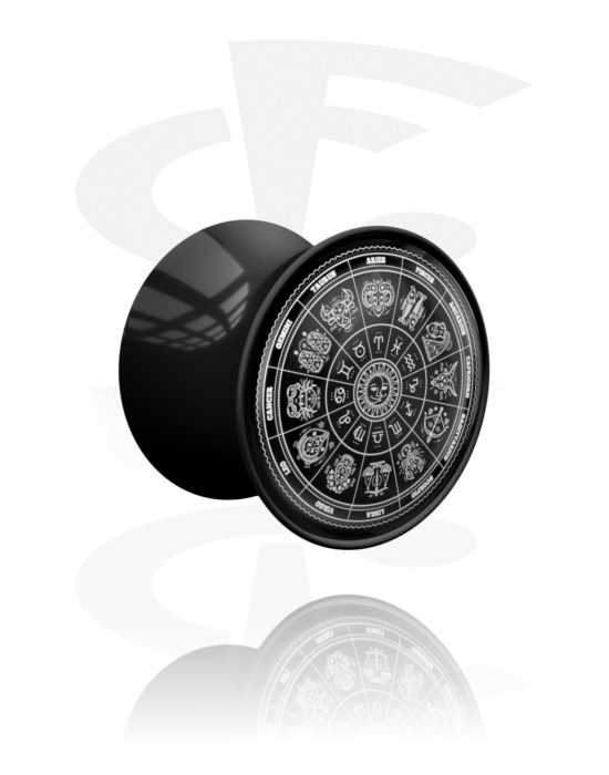 Tunnels & Plugs, Double flared plug (acrylic, black) with zodiac design, Acrylic